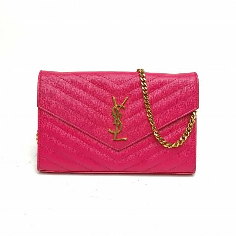 SAINT LAURENT CASSANDRA信封鏈條包22MATELASSV紋玫紅牛皮金扣肩背包