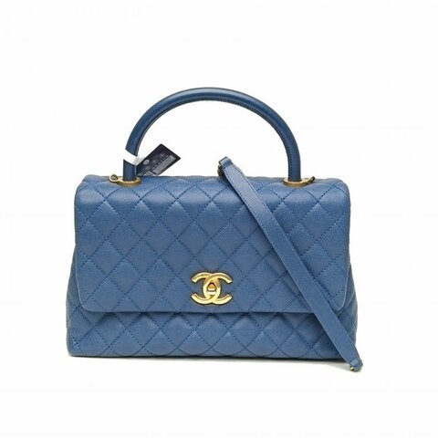 CHANEL CocoHandle中號29藍色荔枝牛皮24開金扣肩背包