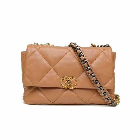 CHANEL 19BAG口蓋包中號30焦糖色羊皮30開金銀扣肩背包