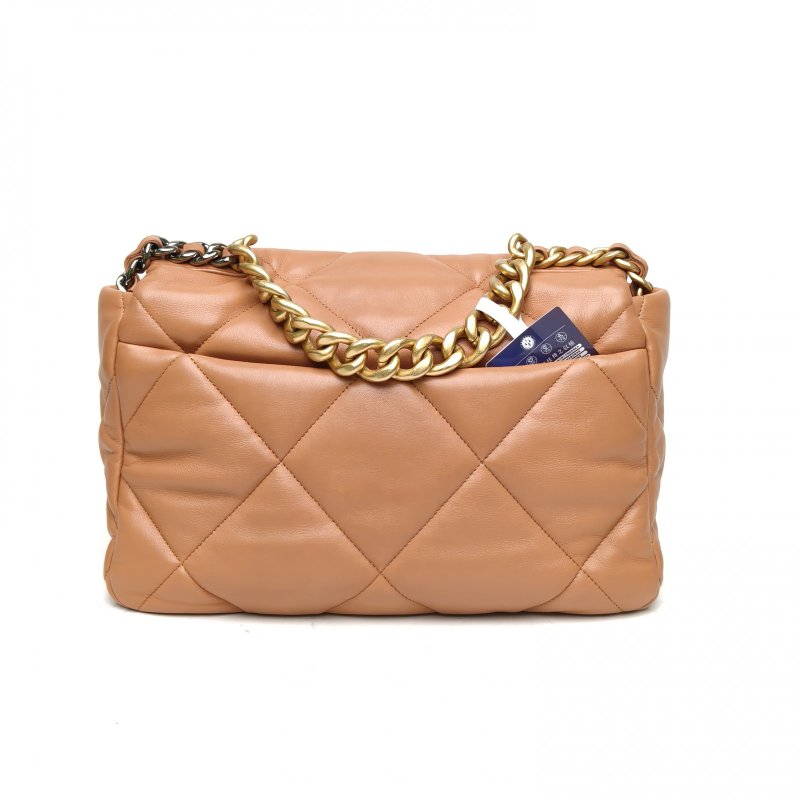 CHANEL 19BAG口蓋包中號30焦糖色羊皮30開金銀扣肩背包-2