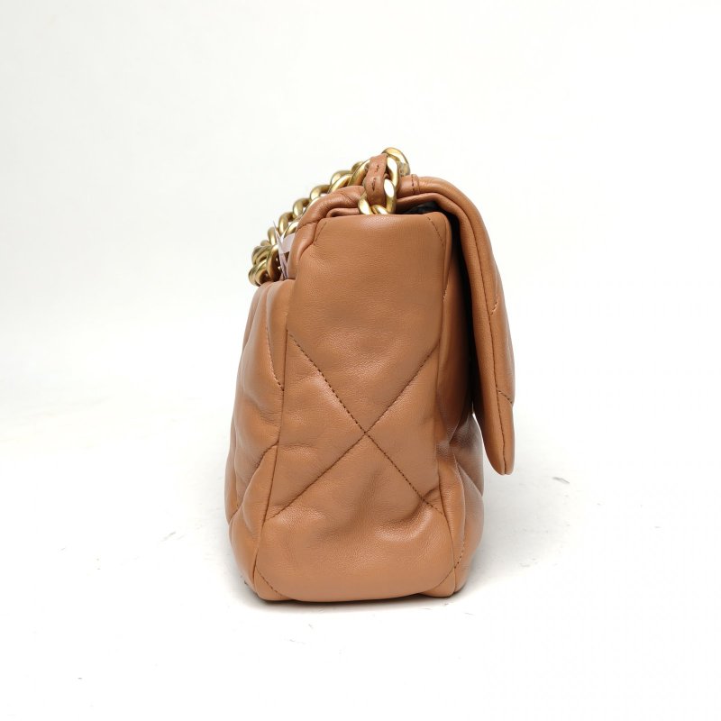 CHANEL 19BAG口蓋包中號30焦糖色羊皮30開金銀扣肩背包-3