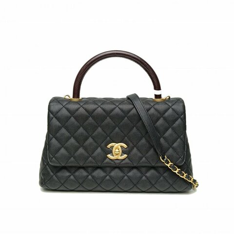 CHANEL CocoHandle中號黑色荔枝牛皮29開蜥蜴壓紋手柄肩背包