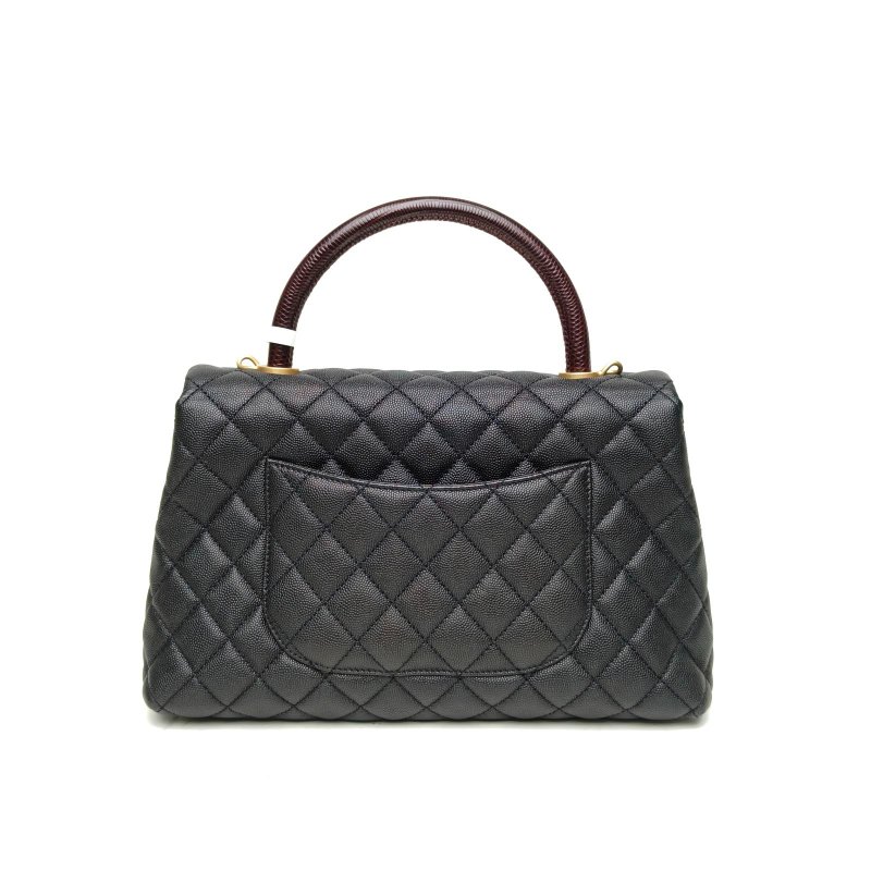 CHANEL CocoHandle中號黑色荔枝牛皮29開蜥蜴壓紋手柄肩背包-2