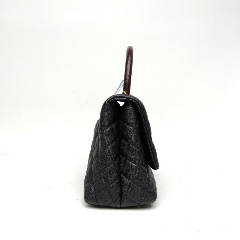 CHANEL CocoHandle中號黑色荔枝牛皮29開蜥蜴壓紋手柄肩背包-3