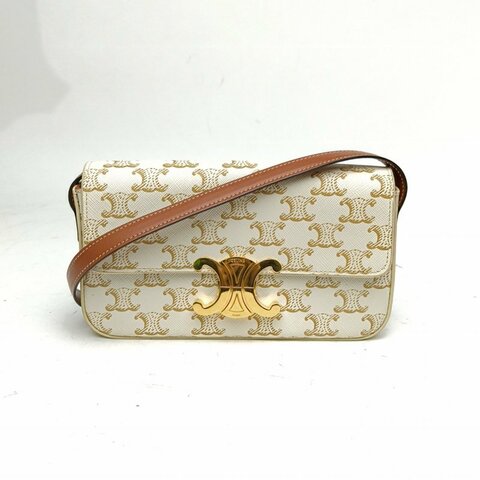 CELINE Triomphe凱旋門金屬鎖扣橫版肩背包白色PVC金扣肩背包
