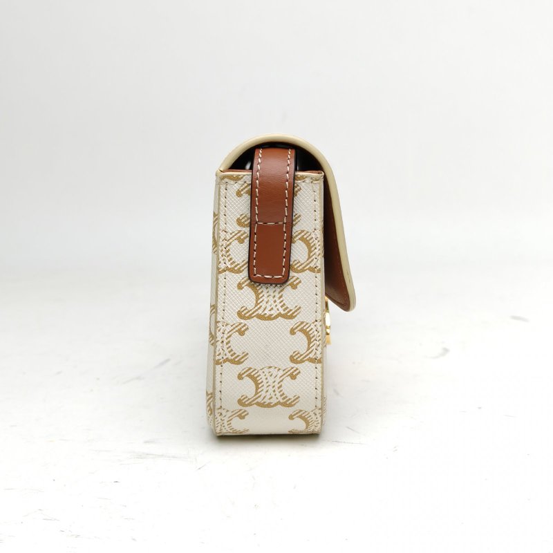 CELINE Triomphe凱旋門金屬鎖扣橫版肩背包白色PVC金扣肩背包-3