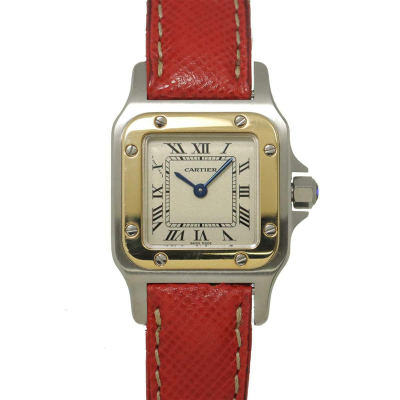 卡地亞 Santos Galbee SM W20012C4 雙色女錶，象牙白 YG 黃金石英錶-0