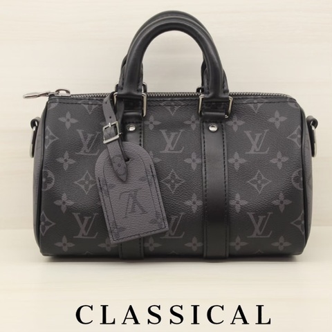 LOUIS VITTON路易威登老花Keepall 25黑武士手提斜挎包 芯片