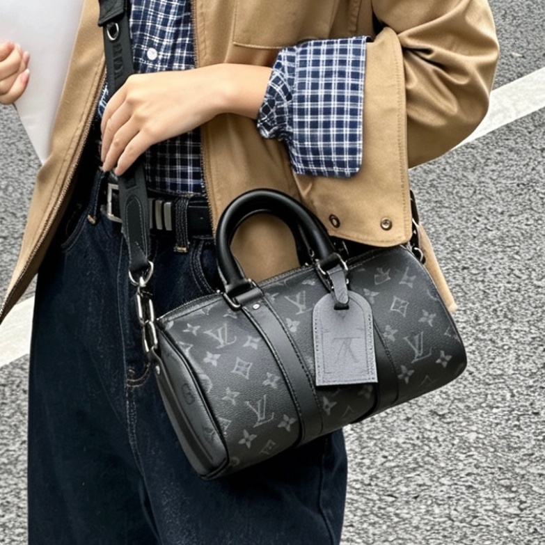 LOUIS VITTON路易威登老花Keepall 25黑武士手提斜挎包 芯片-2