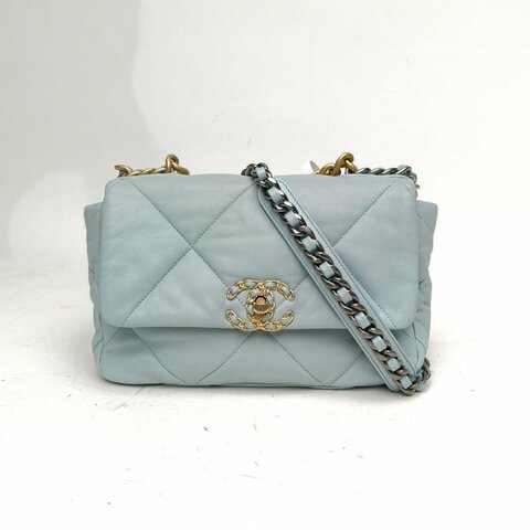 CHANEL 19BAG口蓋包中號30藍色羊皮晶片開金銀扣肩背包