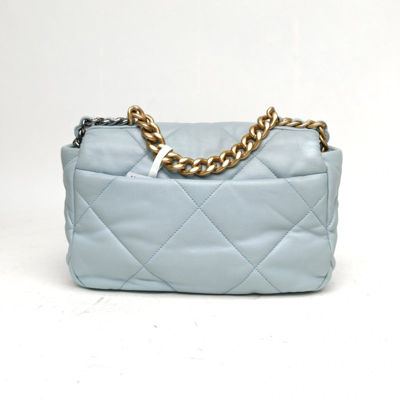 CHANEL 19BAG口蓋包中號30藍色羊皮晶片開金銀扣肩背包-2