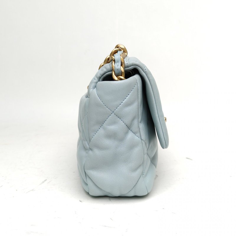 CHANEL 19BAG口蓋包中號30藍色羊皮晶片開金銀扣肩背包-3