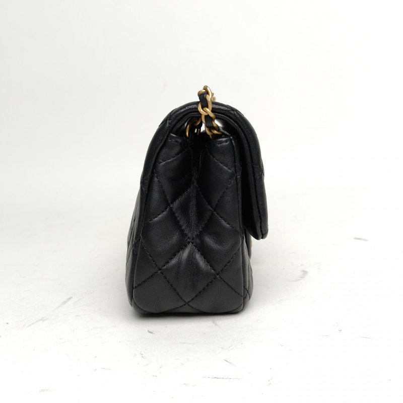 CHANEL CF口蓋包大Mini20黑色羊皮晶片開金扣金球調節扣肩背包-3
