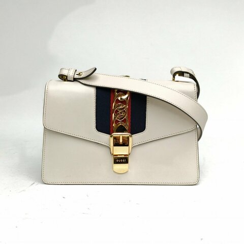 GUCCI Sylvie塞爾維亞絲帶包小號25.5白色牛皮金扣肩背包