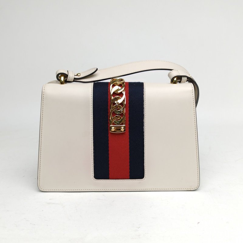 GUCCI Sylvie塞爾維亞絲帶包小號25.5白色牛皮金扣肩背包-2