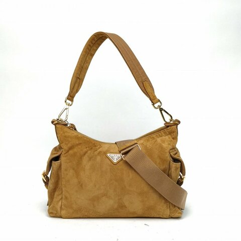 PRADA 棕色山羊皮25FWexpolre系列單肩包麂絨面肩背包