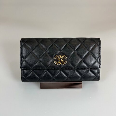 CHANEL 19菱格紋中夾 黑金 AP0777/保卡款28開