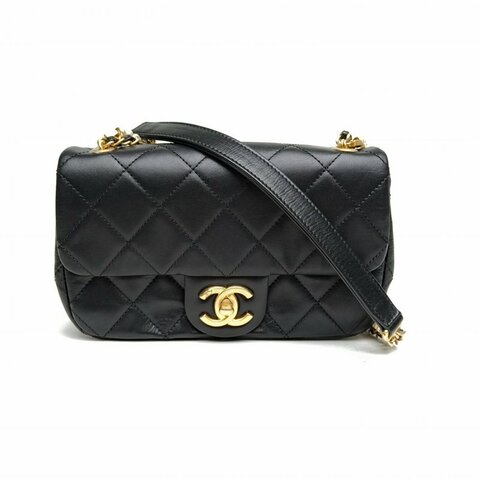 CHANEL 黑色牛皮30開金扣24BCF大mini珍珠多層鏈條口蓋包肩背包