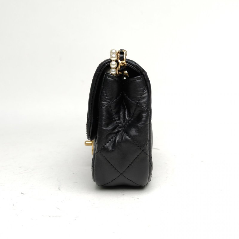 CHANEL 黑色牛皮30開金扣24BCF大mini珍珠多層鏈條口蓋包肩背包-1
