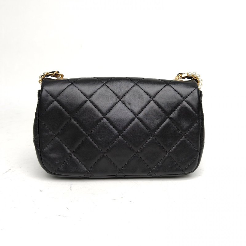 CHANEL 黑色牛皮30開金扣24BCF大mini珍珠多層鏈條口蓋包肩背包-2