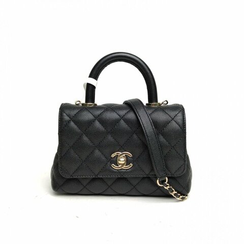 CHANEL CocoHandleMini黑色荔枝牛皮晶片開淺金扣肩背包