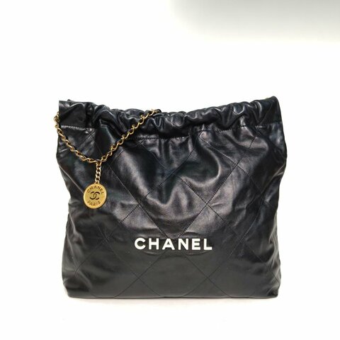 CHANEL 22BagTote托特包中號黑色牛皮晶片開白扣肩背包