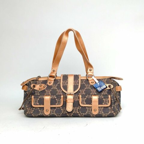 CELINE 棕色帆布中古金絲線凱旋門手提包肩背包