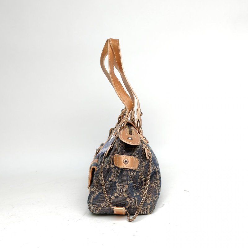 CELINE 棕色帆布中古金絲線凱旋門手提包肩背包-1