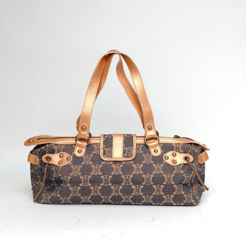 CELINE 棕色帆布中古金絲線凱旋門手提包肩背包-2