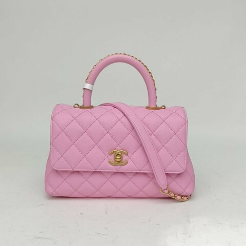 CHANEL 23PCocoHandle小號粉色荔枝牛皮晶片開金扣皮穿鏈肩背包