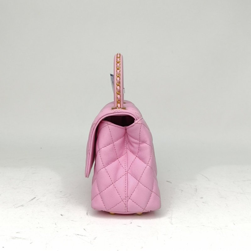 CHANEL 23PCocoHandle小號粉色荔枝牛皮晶片開金扣皮穿鏈肩背包-1