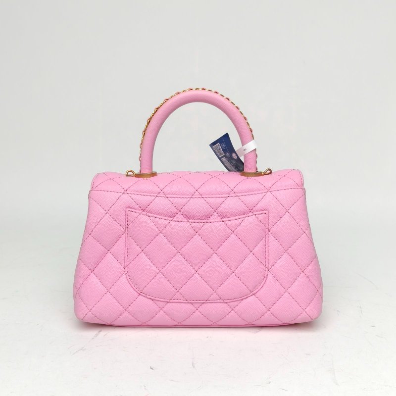 CHANEL 23PCocoHandle小號粉色荔枝牛皮晶片開金扣皮穿鏈肩背包-2