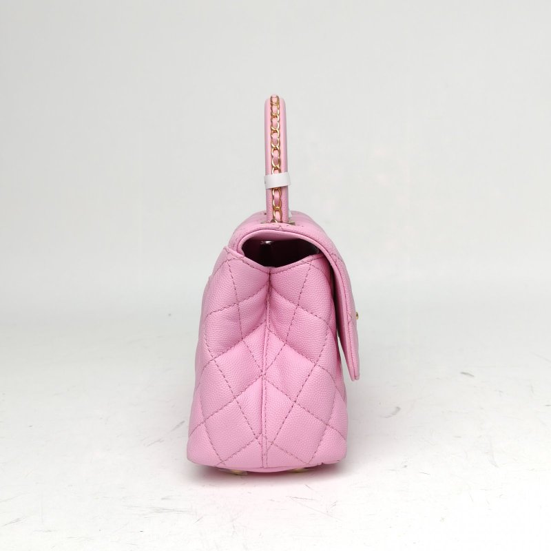 CHANEL 23PCocoHandle小號粉色荔枝牛皮晶片開金扣皮穿鏈肩背包-3