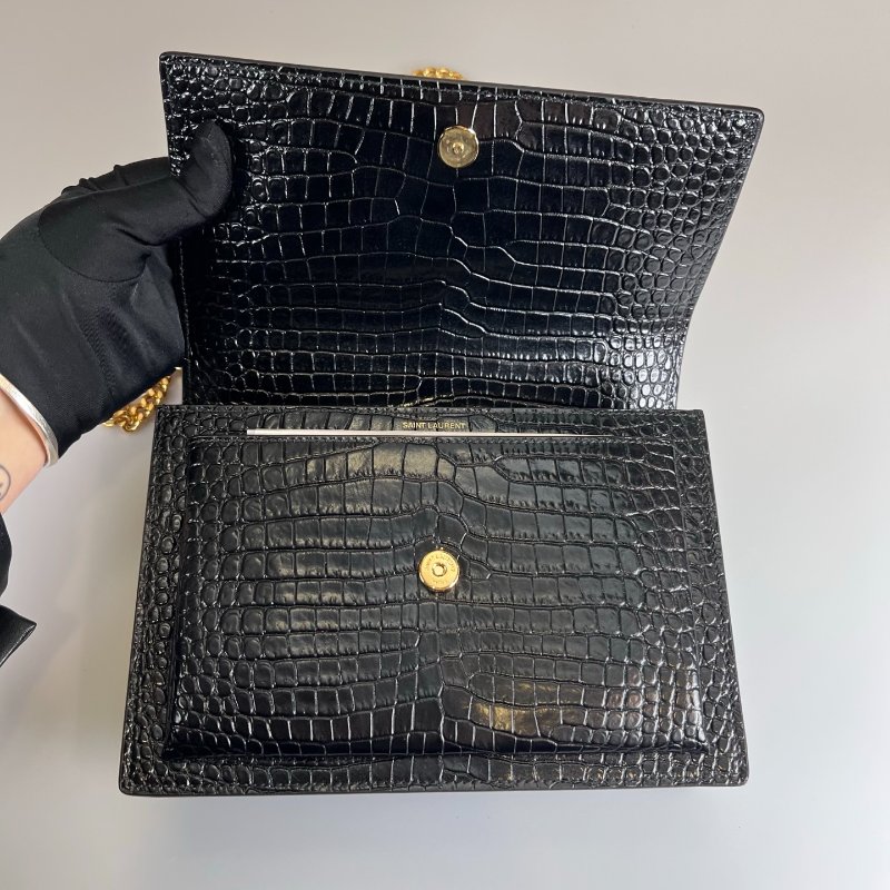 YSL 442906 黑金鱷魚壓紋SUNSET側肩包-5