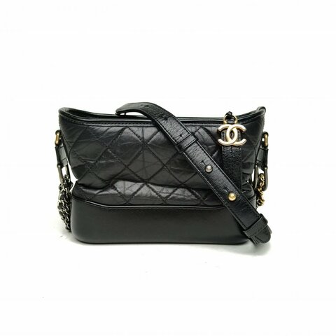 CHANEL GABRIELLE流浪小號黑色牛皮29開金銀扣寬LOGO手提肩背包