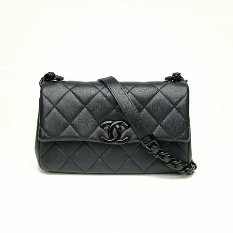 CHANEL 黑色荔枝牛皮30開琺瑯扣CF系列Soblack大mini口蓋包肩背包