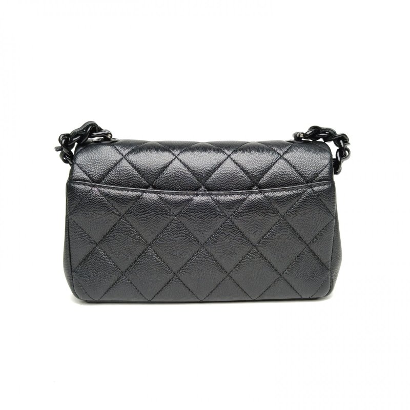 CHANEL 黑色荔枝牛皮30開琺瑯扣CF系列Soblack大mini口蓋包肩背包-2