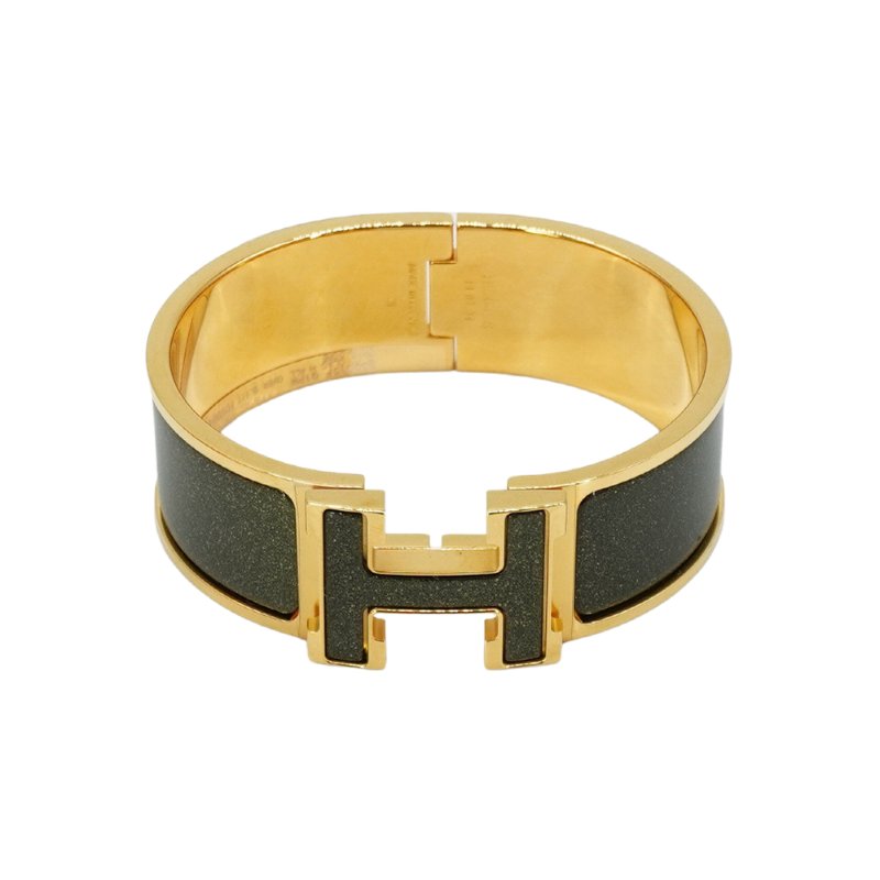 Hermes Clic H Logo星光琺瑯寬版手環-PM(灰綠/金)-0