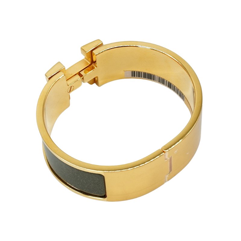 Hermes Clic H Logo星光琺瑯寬版手環-PM(灰綠/金)-4