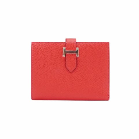 Hermes Bearn Epsom 牛皮銀釦對折短夾(紅)
