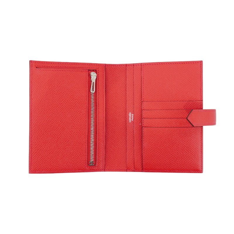 Hermes Bearn Epsom 牛皮銀釦對折短夾(紅)-4