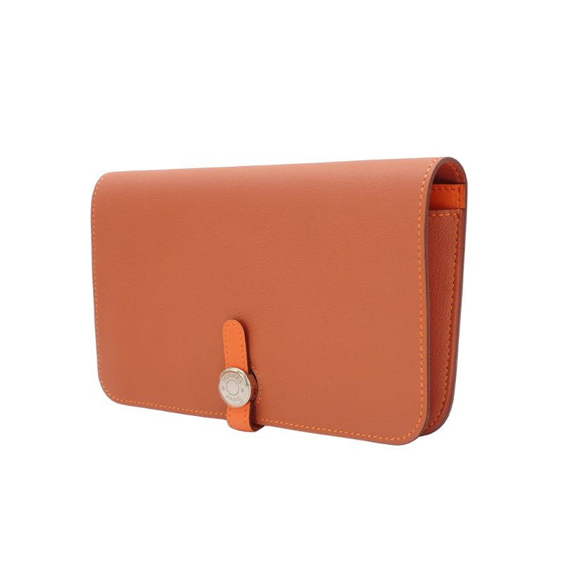 Hermes Dogon Duo 小牛皮銀釦穿式長夾(橘)-1