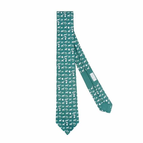 Hermes Sous Toutes Ses Formes 滿版小馬圖騰真絲領帶(綠)