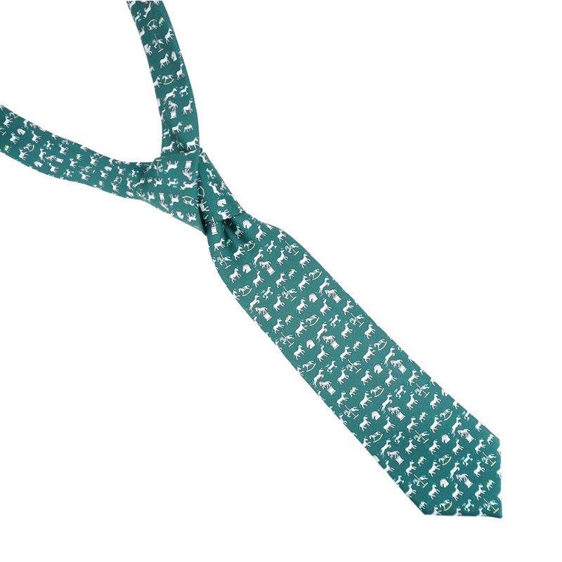 Hermes Sous Toutes Ses Formes 滿版小馬圖騰真絲領帶(綠)-1