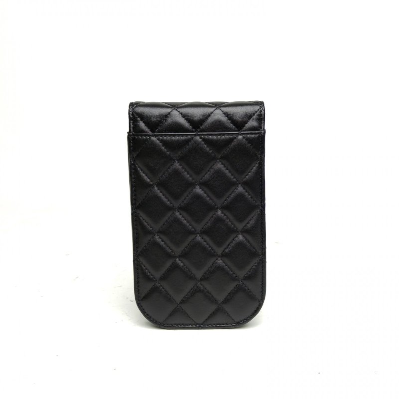 CHANEL 黑色羊皮豎版手機包鏈條包肩背包-2