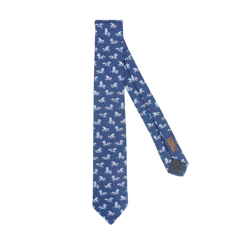 Hermes Crazy Poney tie 滿版小馬圖騰真絲領帶(深藍)-0
