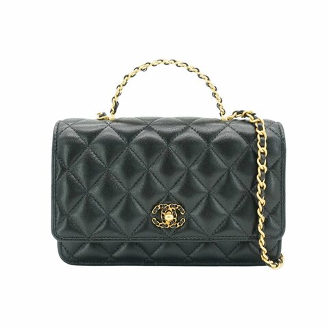 Chanel 展示品 菱格羊皮金手柄皮穿鍊Woc斜背包(AP3664-黑)