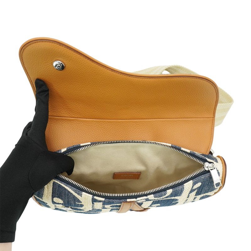 Dior 展示品 緹花布馬鞍斜背腰包(藍/米)-4