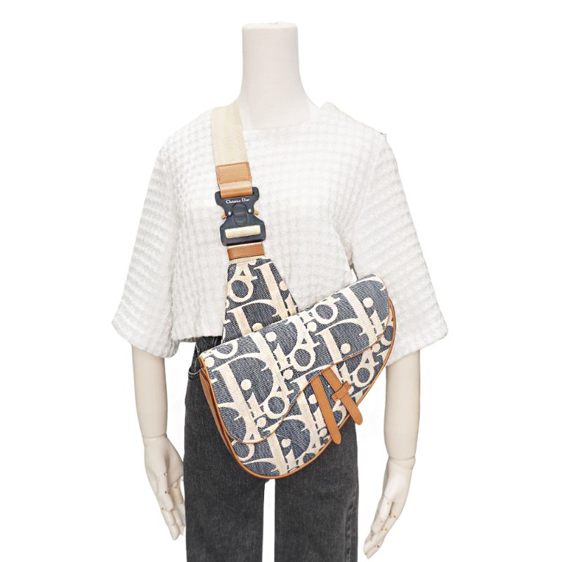 Dior 展示品 緹花布馬鞍斜背腰包(藍/米)-5