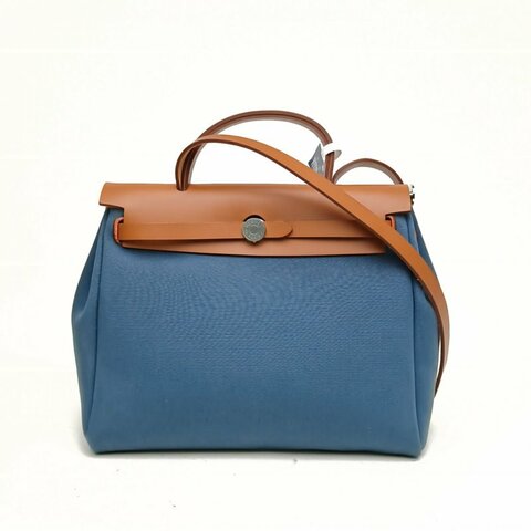 HERMES Herbag31黃褐色拼風暴藍帆布/牛皮W刻銀扣肩背包